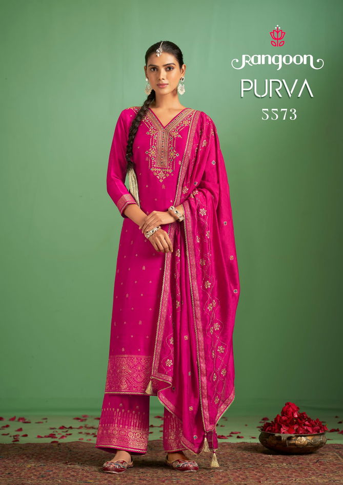 Purva By Rangoon Muslin Jacquard Embroidery Kurti With Bottom Dupatta Wholesalers In Delhi